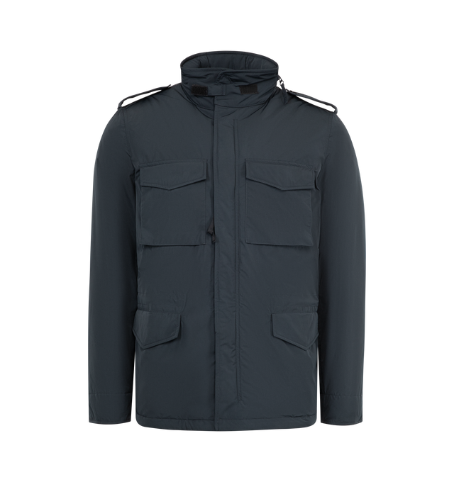 Image 2 of 5 - NAVY - ASPESI Mini Field Jacket in nylon taffeta featuring extra-thermal wad padding, detachable fold-away hood, zip plus hidden button fastening and wind flap, waterproof, four patch pockets, drawstring waist, zipper pull branded with the micro-injected Aspesi logo and slim fit. 100% polyamide. 