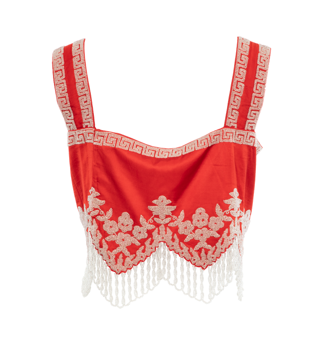 Image 2 of 3 - RED  - BODE Amrita Top featuring viscose satin top, hand-beaded graphic and floral patterns throughout, square neck, fringed detailing at scalloped hem and hook-eye closure at back. 100% viscose. Made in India. 