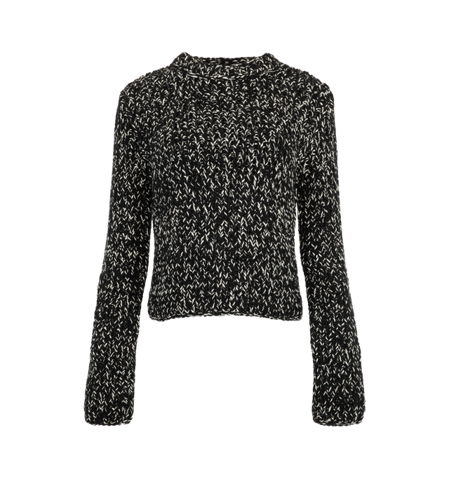 Image 1 of 2 - BLACK - Toteme Women's Wool Silk Crew Neck Top is crafted from wool silk moulin and features a body-hugging silhouette and a sculpted crew neckline. Made by twisting black wool with white silk, the textured yarn creates a subtle mlange effect with an artisanal finish. Main Material: 95% Wool, 5% Silk.  