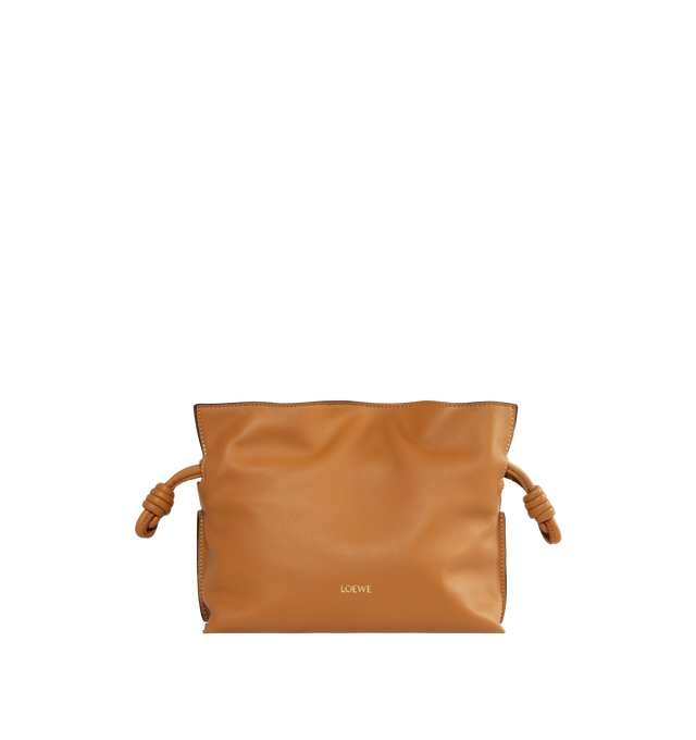 BROWN - LOEWE Flamenco Mini Napa Drawstring Clutch Bag featuring suede lining, coiled knot drawstring and hidden magnetic closure. 7"H x 9.4"W x 3.5"D. Convertible shoulder strap: 11 1/2" 23 1/2" drop. Nappa calf. Made in Spain.