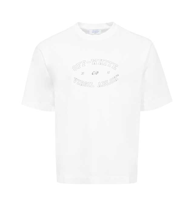 Image 1 of 2 - WHITE - OFF-WHITE College Skate Tee featuring jersey texture crew neck, short sleeves, logo print at the chest, short side slits and straight hem. 100% cotton.  