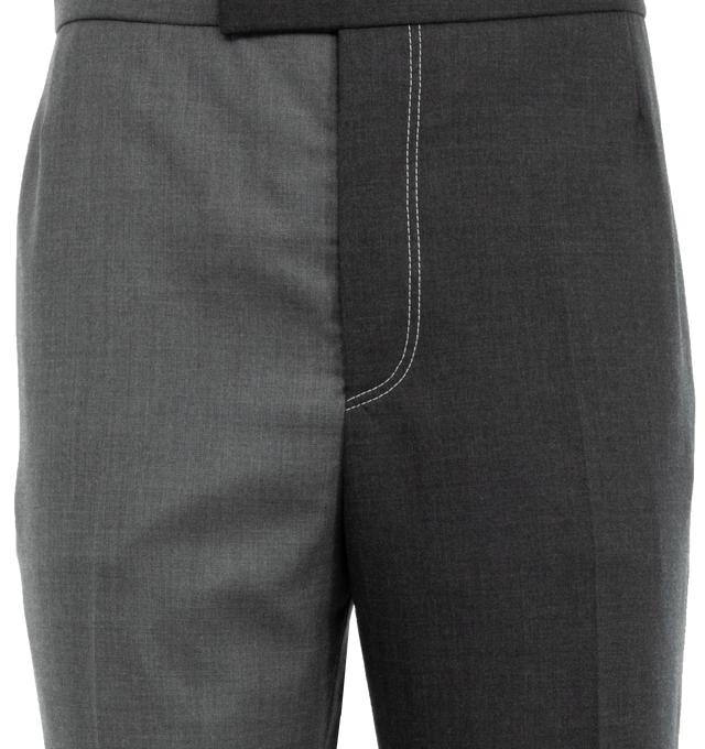 Image 3 of 3 - GREY - THOM BROWNE Fit 1 Contrast Trouser featuring tab front closure, creased legs, slip side pockets, notched back waist, signature striped grosgrain loop tab at back waist,ClassicFit 1 and contrast stitching 100% wool. Made in Japan. 