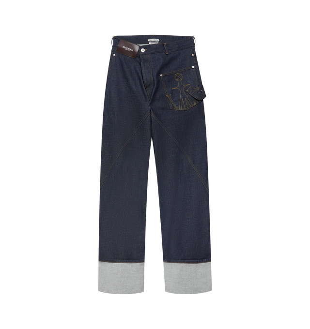 Image 1 of 1 - NAVY - JW Anderson Mens twisted turn-up workwear denim jeans in indigo. Crafted in Japan, expertly distressed by our specialists for a workwear finish. Features a large leather logo patch and anchor stitched pocket. Finished with engraved metal shank buttons, logo rivets and a turn up hem detailing. 100% Cotton. 