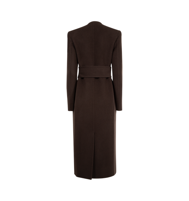 Image 2 of 3 - BROWN - KHAITE Jelson Coat featuring a clean-lined coat in double-faced wool, seam-free collar stand with scarf-like draped effect, wide sash belt, flap pockets at front and cupro twill lining at top. 100% wool. 