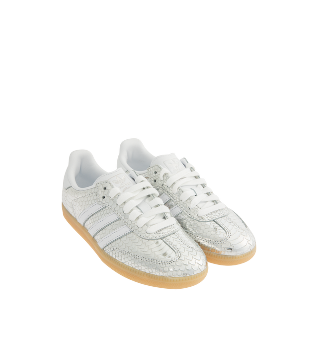 Image 2 of 5 - SILVER - ADIDAS Samba Sneaker featuring regular fit, lace up style, patent leather upper, synthetic sockliner, rubber outsole, soccer-inspired long tongue and trefoil. 