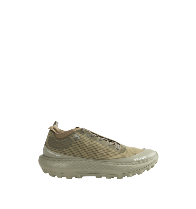 Image 1 of 5 - GREEN - Satisfy TheROCKER Running Shoes are engineered for long-distance comfort and traction. The silhouette delivers responsive cushioning, confident grip, and stability across mixed terrain. Designed with textured laces for reduced slip, and two interchangeable insoles, including 3mm and 5mm options, the shoe allows for a customized fit and feel. Main Material: Upper: Rippy 66 Monomesh: 100% PES. Midsole: Euforia Super Foam: 100% PEBA/EVA Blend. Outsole: TuneLug with Vibram MegaGrip Liteba 
