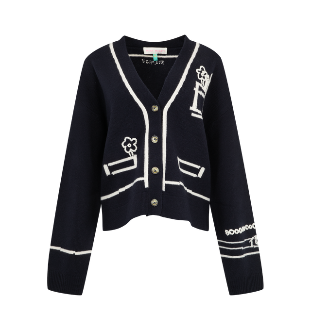Image 1 of 2 - NAVY - Mira Mikati Women's Trompe L'Oeil Intarsia Cardigan is crafted from merino wool and features a relaxed silhouette with a trompe l'oeil intarsia design enhanced by embroidered details that create the illusion of flowers and pens tucked into the pockets and a watch at the wrist. Branded horn buttons and ribbed trims complete the design. Main Material: 100% Merino Wool.  