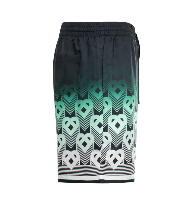 Image 3 of 3 - GREEN - CASABLANCA Gradient Monogram Silk Shorts featuring an all-over printed design, monogrammed silk twill fabric, elasticised waistband, drawstring fastening, side pockets, a back pocket and striped detail on the hem. 100% silk. Made in Italy. 