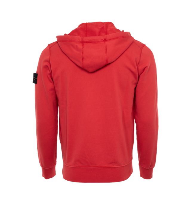 Image 2 of 3 - RED - STONE ISLAND Zip Hoodie featuring drawstring at hood, zip closure, rib knit hem and cuffs and detachable logo patch at sleeve. 100% cotton. Made in Turkey. 