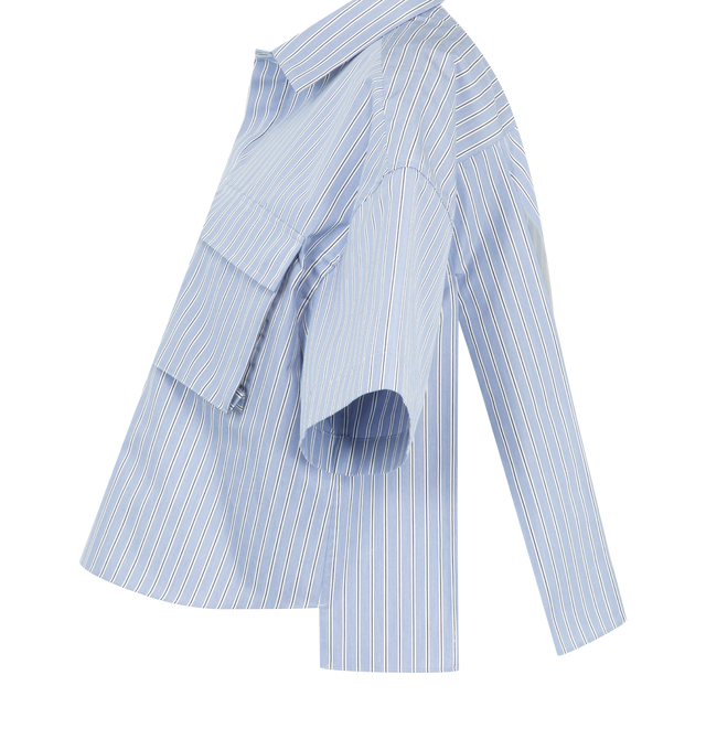 Image 3 of 3 - BLUE - SACAI Cotton Poplin Shirt featuring a cropped fit, short sleeves, classic collar, concealed front button closure, two patch pockets on front with flap for closure, striped pattern and oversized fit. 100% cotton.  