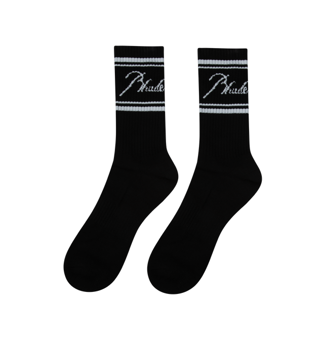 Image 2 of 2 - BLACK - RHUDE Script Logo Socks featuring stretch cotton-blend, jacquard logo graphic and rib knit cuffs. 80% cotton, 12% polyester, 8% spandex. Made in China.  