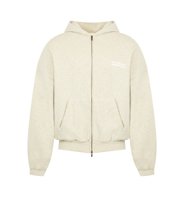 Image 1 of 2 - NEUTRAL - Fear of God Essentials Mens 90s Zip-Up Hoodie is crafted from heavyweight 390 GSM cotton fleece. Features a relaxed 90s fit, front zip closure, dropped shoulders, kangaroo pocket, ribbed cuffs and hem, pigment-dyed finish, puff-printed All Valley Essentials graphic on the front, "26" graphic on the back, and an Essentials logo label. Main Material: 100% Cotton. 