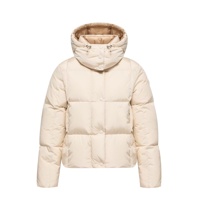 Image 1 of 1 - NEUTRAL - Moncler Women's Castlenew Hooded Down Jacket is crafted from recycled technical nylon with a water-repellent finish and features a quilted puffer design. Designed in a regular-fit silhouette, this down-filled jacket is finished with a high collar, detachable and adjustable hood, concealed front closure with logo snap buttons, side zip pockets, elasticized cuffs, and the signature felt logo patch at the sleeve. A contrasting interior and refined construction balance technical perform 