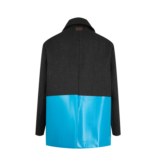 Image 3 of 4 - BLUE - Loewe Women's Coat in Wool is crafted from medium-weight wool and features a foil-printed contrast hem with a detachable trompe loeil wool knit flap. Designed with a refined silhouette, the coat combines elevated craftsmanship with distinctive textural details for a modern interpretation of outerwear. Main Material: 73% wool 16% polyurethane 11% polyster.  