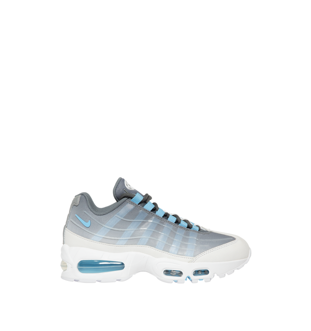Image 1 of 5 - BLUE - Nike Men's Air Max 95 Big Bubble Sneaker featuring textile and synthetic leather, visible Max Air cushioning, flex grooves in the midsole and outsole, foam midsole and rubber outsole. 