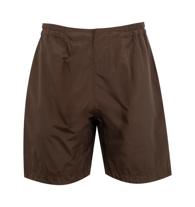 Image 1 of 3 - BROWN - Kaptain Sunshine Trainer Short Pants featuring a high-density, weather-resistant silk poly blend, lightweight with a subtle sheen, a water-repellent finish, side pockets, a back zip pocket, an elasticated waist, relaxed fit and wide legs. 55% silk, 45% polyester. 