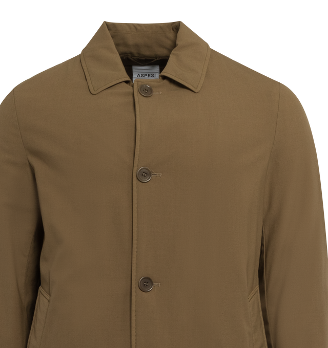 Image 3 of 3 - BROWN - ASPESI WOOL CORDURA COAT featuring single-breasted, stretch wool, padded with medium-weight Thermore wadding for extra warmth, nylon lining, button fastening, shirt collar and two piped pockets. Cut for a regular fit. Made in Italy. 