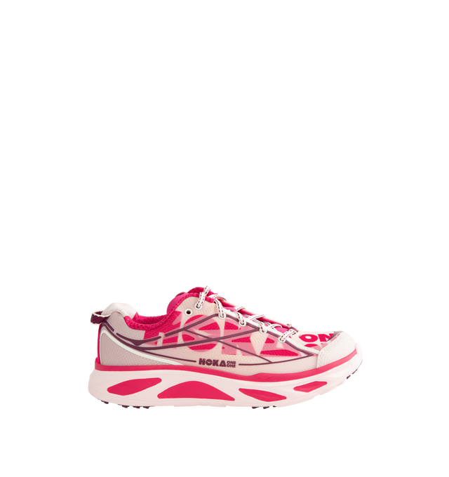 Image 1 of 5 - PINK - HOKA Unisex Huaka Pro is crafted with a lightweight performance upper and features a retro-inspired silhouette drawn from the brands archives. Originally designed as a gravel-to-road trainer, this lifestyle sneaker is updated with a translucent cage, sublimated HOKA graphics, molded eyelets, a microfiber toe cap overlay, and a painted midsole. Finished with original Huaka tooling and a heel pull loop, it combines Y2K-inspired design with everyday comfort. Upper: Lightweight Textile wit 