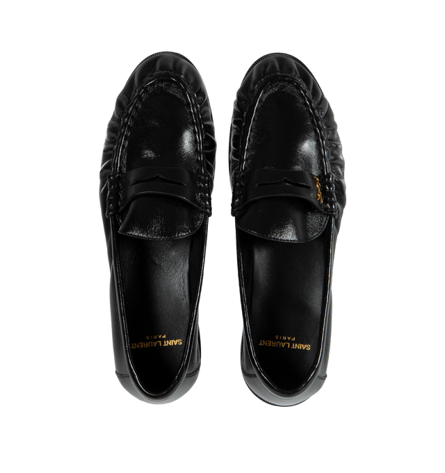 Image 4 of 4 - BLACK - SAINT LAURENT Le Loafer Penny Slippers featuring embossed back tab, leather sole and cassandre in gold toned metal. 95% lambskin, 5% metal. Made in Italy.  