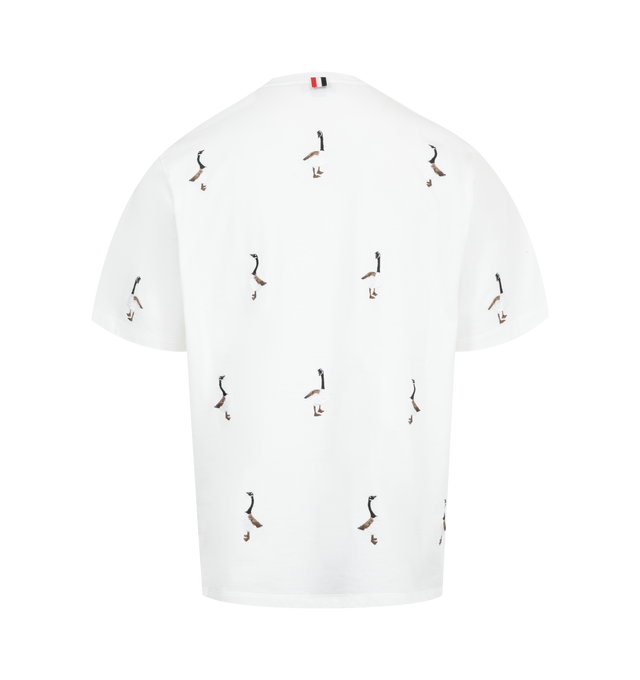 Image 2 of 3 - WHITE - THOM BROWNE Geese Print Jersey Tee featuring embroidered geese, short sleeves, crew neck, name tag applique and signature striped grosgrain loop tab. 100% cotton. Made in Italy. 