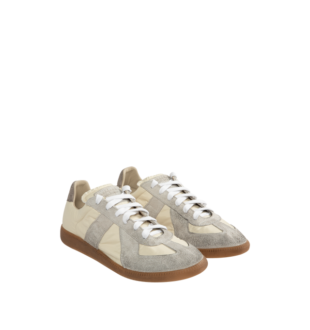 Image 2 of 5 - NEUTRAL - MAISON MARGIELA Replica Sneaker in dirty treatment nylon and hairy suede, classic rubber sole featuring low-profile, rounded toe, lace up style, label with the "Replica" inscription on the tongue. 