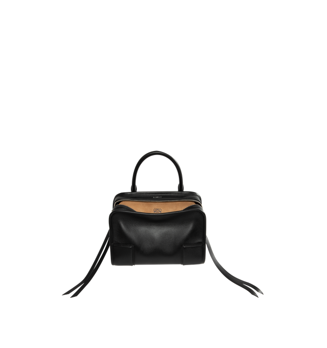 Image 1 of 5 - BLACK - Loewe Small Amazona 180 Bag in leather features a relaxed silhouette anchored by a single toron top handle, designed to be carried open, while a concealed closure secures the main compartment, three carry options: short handle, removable shoulder strap and crossbody, zip closure with two leather zip pullers, two compartments, main compartment closed with magnetic closure, internal flat pocket, left side d-ring for customization, nappa lambskin lining, and embossed double L branding. L 