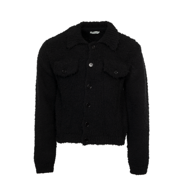 Image 1 of 3 - BLACK - DRIES VAN NOTEN Fluffy Cardigan featuring rib knit spread collar, hem, and cuffs, button closure and flap pockets. 56% cotton, 28% polyester, 16% polyamide. Made in Belgium. 