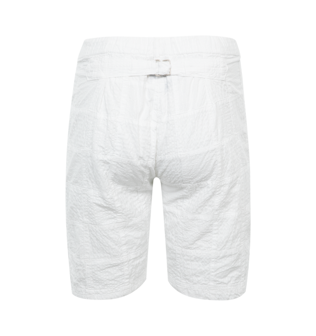 Image 2 of 3 - WHITE - POST O'ALLS E-Z Lax 4 Shorts featuring poly seersucker, lightweight and breathable, elasticated waistband, belt, zip fly, two slash pockets, two inverted front pleats and cinch on reverse. 100% cotton. Made in Japan. 