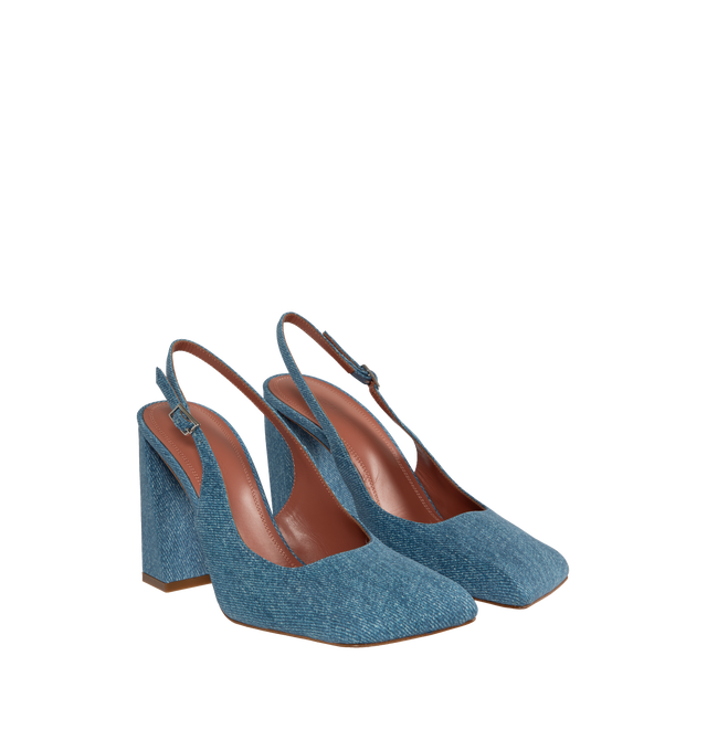 Image 2 of 4 - BLUE - AMINA MUADDI Charlotte sligbacks crafted from suede with denim print featuring 95mm block heel, silver buckle, squared toe. Made in Italy. 100% Nubuck upper with 100% goat leather lining and 70% leather / 30% rubber sole.  