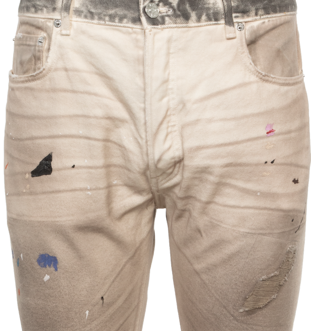 Image 3 of 3 - BROWN - GALLERY DEPT. HOLLYWOOD BLV 5001 featuring multicoloured denim, button fastenings, regular-straight leg, low-crotch style and paint splattered distressed. 100% cotton. 