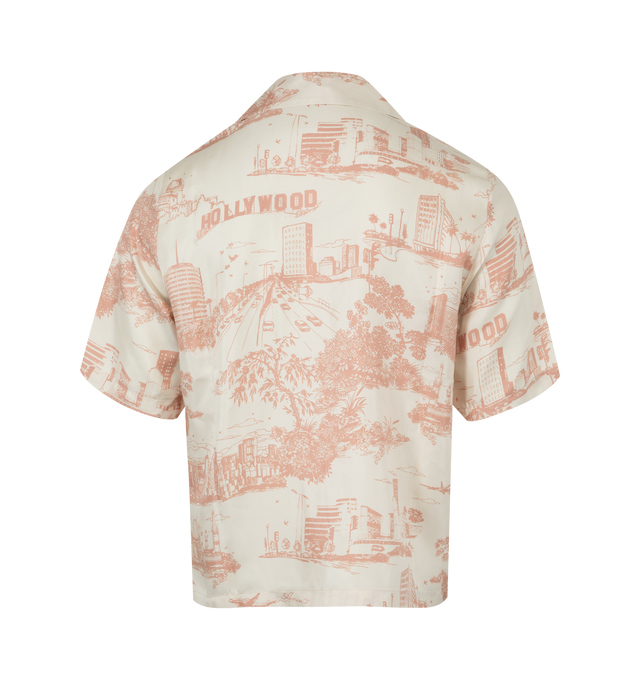 Image 2 of 2 - PINK - AMIRI Silk Landmark Bowling Shirt featuring allover landmark print, notched collar, button front closure, short sleeves and relaxed fit. 100% silk. Made in Italy. 