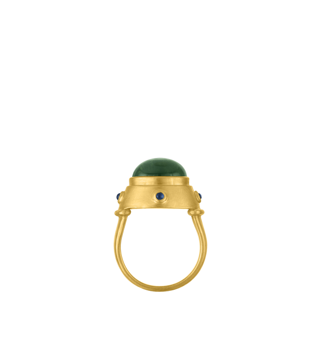 Image 3 of 3 - GREEN - Prounis Green Tourmaline and Blue Sapphire Yia Yia Ring is handcrafted from 22K yellow gold and features a green tourmaline accented with four blue sapphires in a design honoring the family matriarch. Band Width: 19 mm tapering to 4 mm. Handmade in New York. For personal consultation and detailed information about jewelry, please contact our dedicated stylist team at personalshopping@hirshleifers.com.This item may be restricted for online purchase to international clients. For assista 