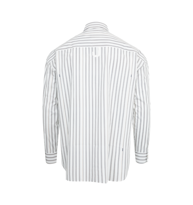 Image 2 of 2 - WHITE - JACQUEMUS Signature Striped Shirt featuring casual fit, striped stretch cotton poplin, pointed collar, hidden button placket with one visible engraved metal button, J shaped patch pocket, square, buttoned cuffs and back yoke with J" loop. 100% cotton. Made in Portugal. 