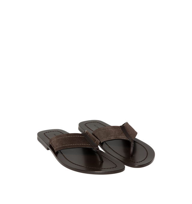Image 2 of 4 - BROWN - The Row Mens Dan Flip Flop is crafted from calfskin suede. Feature a slip-on silhouette, lambskin leather lining, and calfskin leather sole. Main Material: Calfskin Suede; Lining: Lambskin Leather; Sole: Calfskin Leather. Made in Italy. 