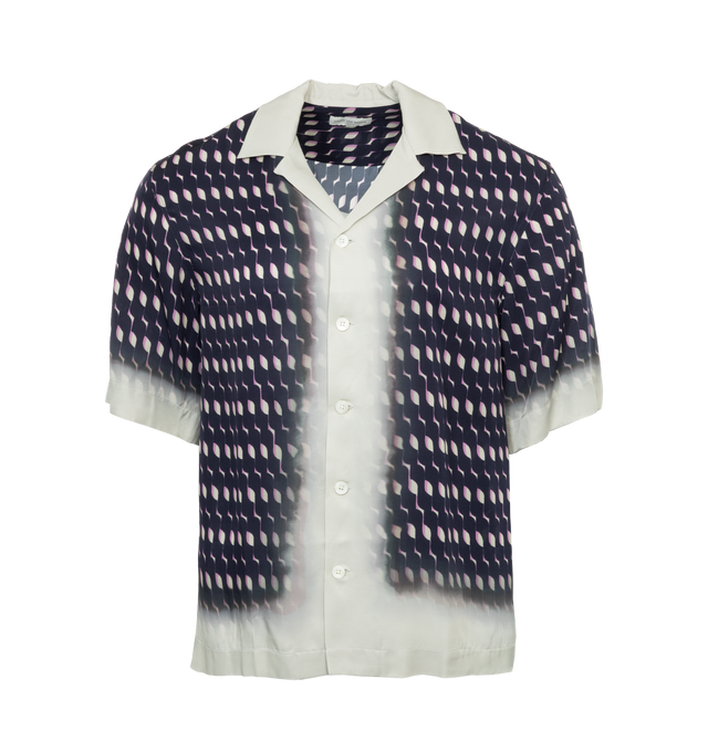 Image 1 of 3 - NAVY - DRIES VAN NOTEN Printed Shirt featuring cuban collar, abstract print that fades out to white borders, short sleeves and button front closure. 100% viscose. 