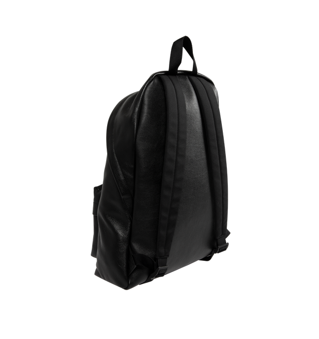 Image 2 of 3 - BLACK - Balenciaga Water Repellent Explorer backpack crafted from grained calfskin with matte black hardware. Features one top handle, adjustable shoulder straps, tape type logo printed at front, balenciaga logo patch at front, top double-ended zip-fastening closure, front zipped pocket, 1 inner zipped pocket, 1 inner patch pocket, BB logo engraved zipper puller with cotton string and cotton canvas lining. Dimensions: L13,7 x H18,5 x W7,8 inch. Made in Italy. 