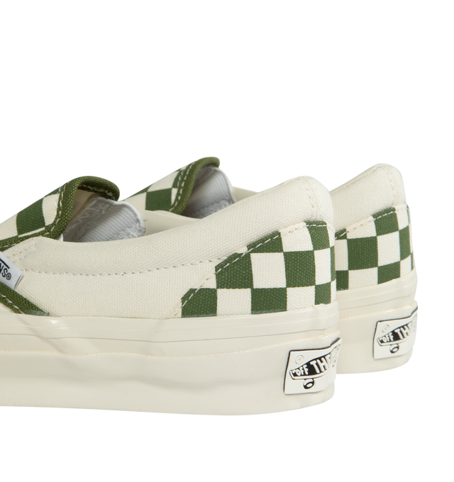 Image 3 of 5 - GREEN - VANS 98 LX Sneakers featuring low-top, slip-on, check pattern printed throughout, elasticized gussets at vamp, padded collar, logo flag at outer side, rubber logo patch at heel, partial leather and canvas lining, textured rubber midsole and treaded rubber sole. Upper: textile. Sole: rubber. Made in Philippines. 