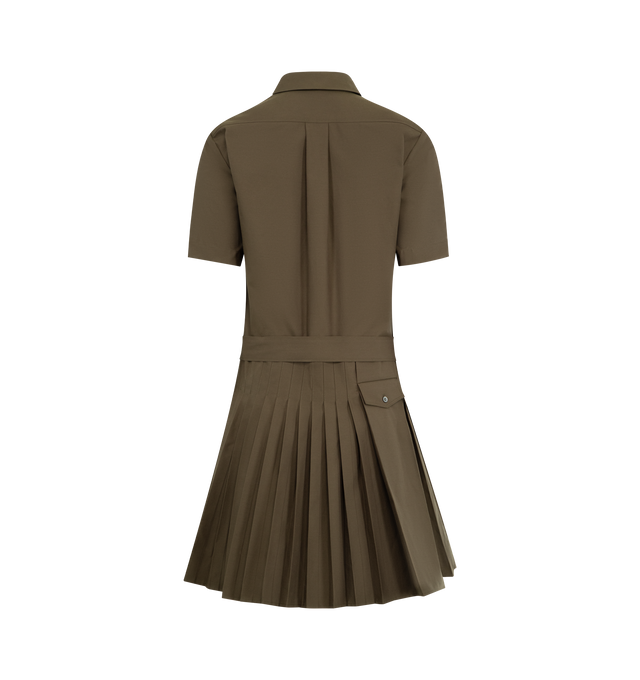 Image 2 of 3 - GREEN - Loewe dress in lightweight cotton blend gabardine featuring a pleated skirt and an adjustable D-ring self belt. Regular fit, short length with classic collar, concealed button front fastening, seam pockets, rear flap pocket and LOEWE embossed leather patch placed at the front. Made in Spain. 