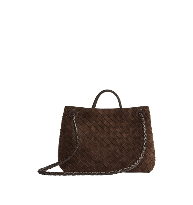 Image 2 of 4 - BROWN - BOTTEGA VENETA Medium Andiamo Bag featuring top handle bag in supple Intrecciato leather with signature knot detail and sliding cross-body strap, compartmented interior with one zippered pocket, two open pockets and magnetic closure. Lining: Lambskin bonded Intrecciato. Made in Italy. 