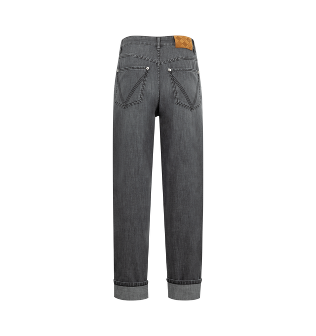 Image 2 of 3 - BLACK - BOTTEGA VENETA Washed Turned Up Jeans featuring wide leg, turned up hem, intrecciato suede back patch and button closure. 100% cotton. Made in Italy. 
