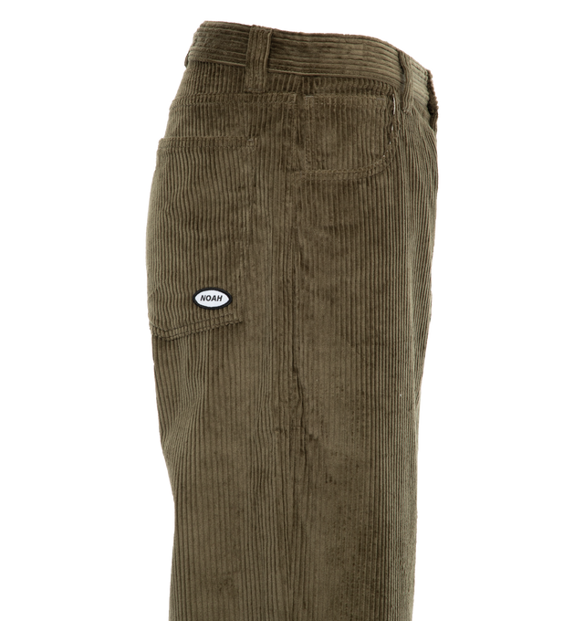 Image 3 of 4 - GREEN - NOAH Wide-Wale Corduroy Jeans featuring 5-pocket style with zip fly, metal shank closure, copper rivets, embroidered patch on back pocket, wide fit and relaxed fit. 100% cotton. Made in Portugal. 