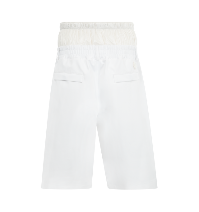 Image 2 of 3 - WHITE - Moncler x A$AP Rocky Logo Print Shorts featuring 3L 4-way stretch polyester, waistband with gaiter, snap button and zipper closure, pockets with snap button closure, logo print and logo patch. 78% polyester, 12% elastane/spandex, 10% polyamide/nylon. Padding: 100% polyester. 