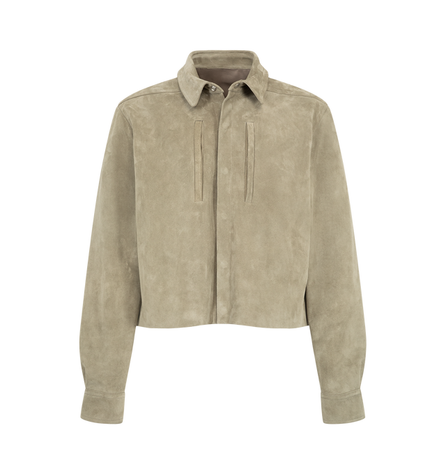 Image 1 of 3 - NEUTRAL - Rick Owens Men's Alice Jacket is crafted from a suede leather and features a natural tumbled grain finish. Cut to an above-hip length with long sleeves, this fully lined jacket is detailed with a classic collar, concealed snap-front closures, level shoulder seams, and snap cuffs. Functional elements include two vertical front jet pockets, side-seam pockets, and internal zippered pockets. Main Material: Suede leather. Front and Pocket Lining: 100% Cotton. Back and Sleeve Lining: 100% 