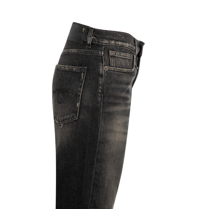 Image 3 of 3 - BLACK - R13 Boyfriend Jean featuring distressing and faded whiskered thighs, relaxed-fit, zip fly with button-tab closure and five-pocket style. 100% cotton. Made in Italy. 