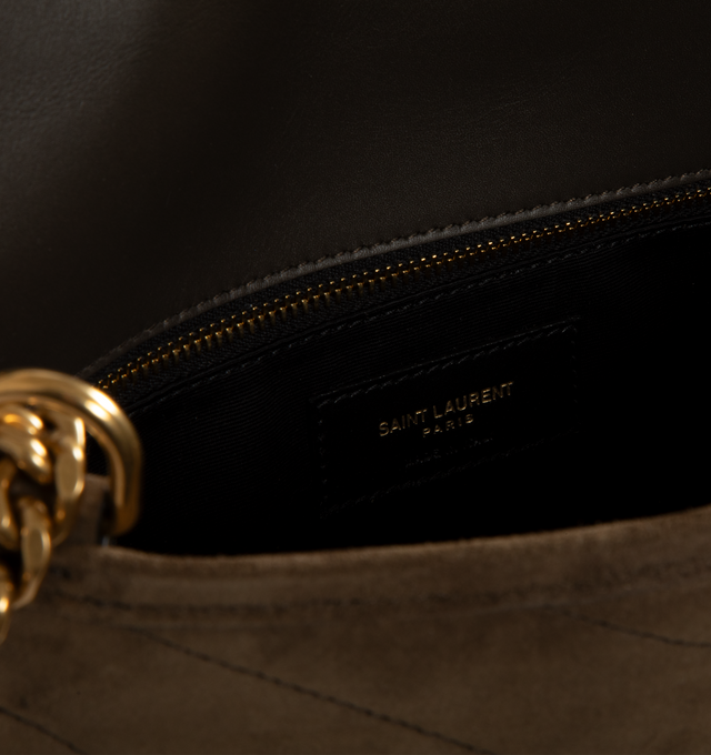 Image 3 of 3 - BROWN - Saint Laurent Womens Shoulder Bag is crafted from vintage calfskin leather suede. Features signature Cassandre logo, chevron-quilted topstitching, sliding chain strap for shoulder or crossbody wear, magnetic flap closure, three main compartments, one flat pocket, one zip pocket, cotton lining, and silver-tone hardware. Main Material: Calfskin Leather Suede; Lining: Cotton; Hardware: Brass. Dimensions: 28 x 13.5 x 20.5 cm / 11'' x 5.3'' x 8.1'' Made in Italy. 