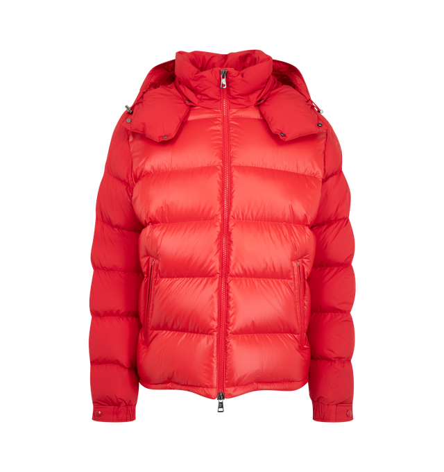 Image 1 of 1 - RED - Moncler Men's Maya Hooded Short Down Jacket featuring nylon laqu lining, down-filled, detachable and adjustable hood with drawstring, collar with snap button closure, zipper closure, zipped pockets, hem with drawstring fastening, flap patch pocket on sleeve, adjustable cuffs and logo patch. 100% polyamide/nylon. Padding: 90% down, 10% feather. 