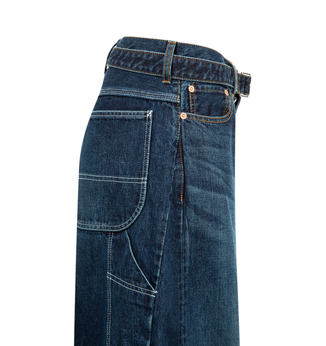 Image 3 of 3 - BLUE - SACAI Belted Wide Leg Jean featuring 5 pocket style, removable belt, wide leg and carpenter pocket on leg. Cotton.  