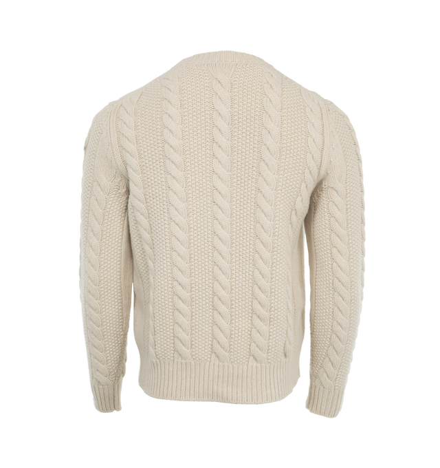 Image 2 of 3 - WHITE - MONCLER Wool & Cashmere Sweater featuring a wool and cashmere blend, moss stitch and cable knit, Gauge 3, crew neck and leather logo patch. 90% virgin wool, 10% cashmere. 