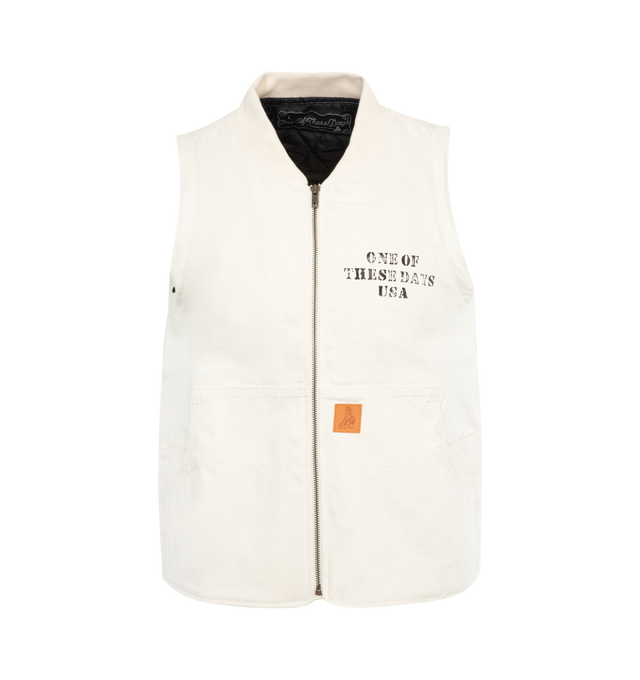 Image 1 of 2 - WHITE - ONE OF THESE DAYS Altamont Vest featuring garment wash for vintage finish, printed artwork, zip closure, front pockets and sleeveless. 100% cotton. 