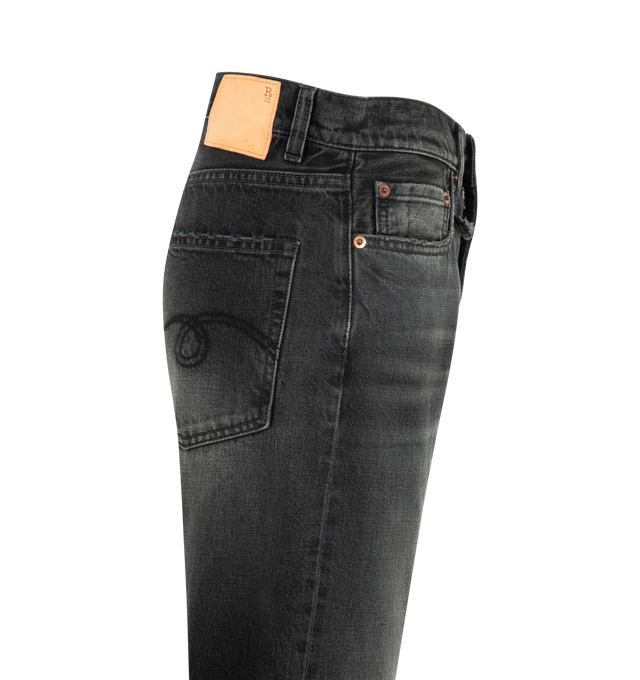 Image 3 of 3 - BLACK - R13 Womens Boyfriend Jeans are crafted from mid-weight Japanese rigid denim. Feature a straight-leg boyfriend fit, black washed finish, distressed abrasions, destroyed hem, and classic five-pocket construction. Main Material: 100% Cotton. Made in Italy. 